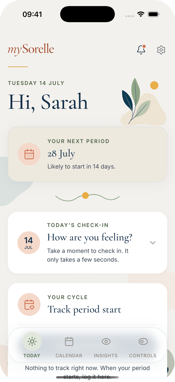 mySorelle Today screen with a greeting, next period estimate, and daily check-in