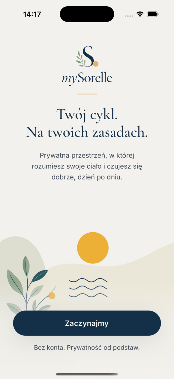 Ekran powitalny mySorelle, prywatnego kalendarza miesiączkowego. Twój cykl. Na twoich zasadach.