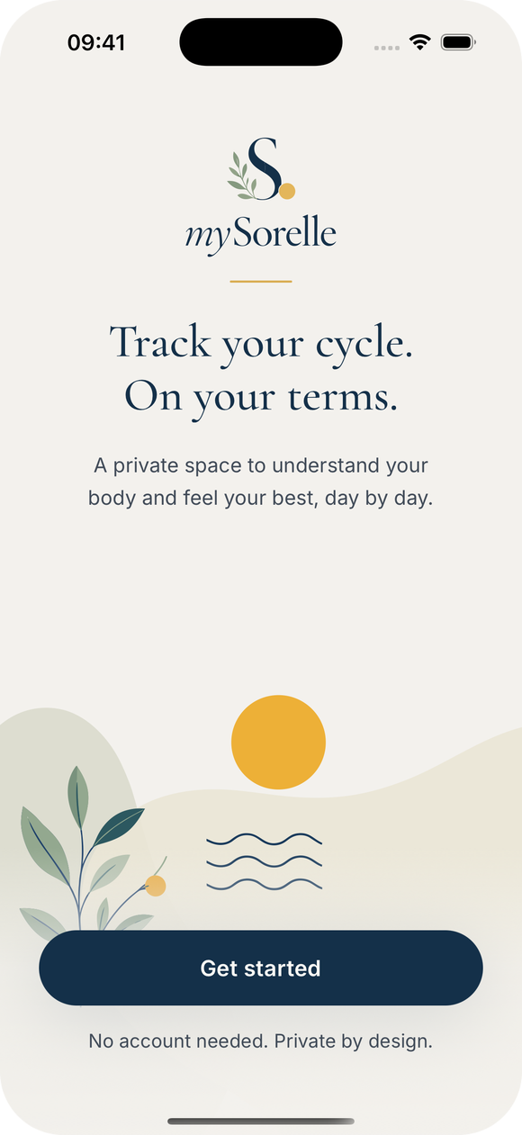 mySorelle welcome screen. Track your cycle. On your terms.