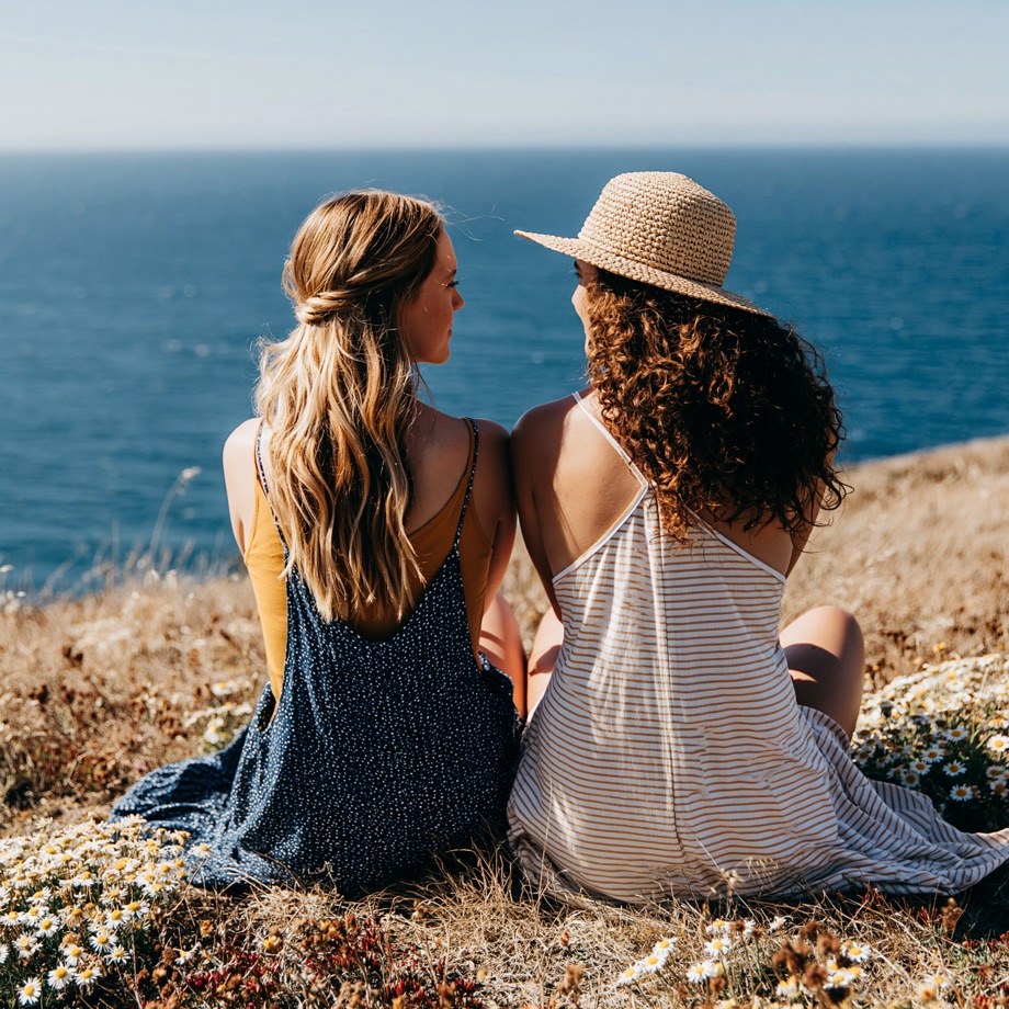 Two women sitting together on a sunlit cliff overlooking the sea